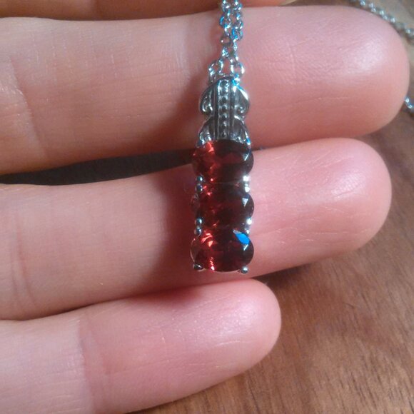 Mozambique Garnet Three Stone Stainless Steel Pendant Necklace - Picture 10 of 12